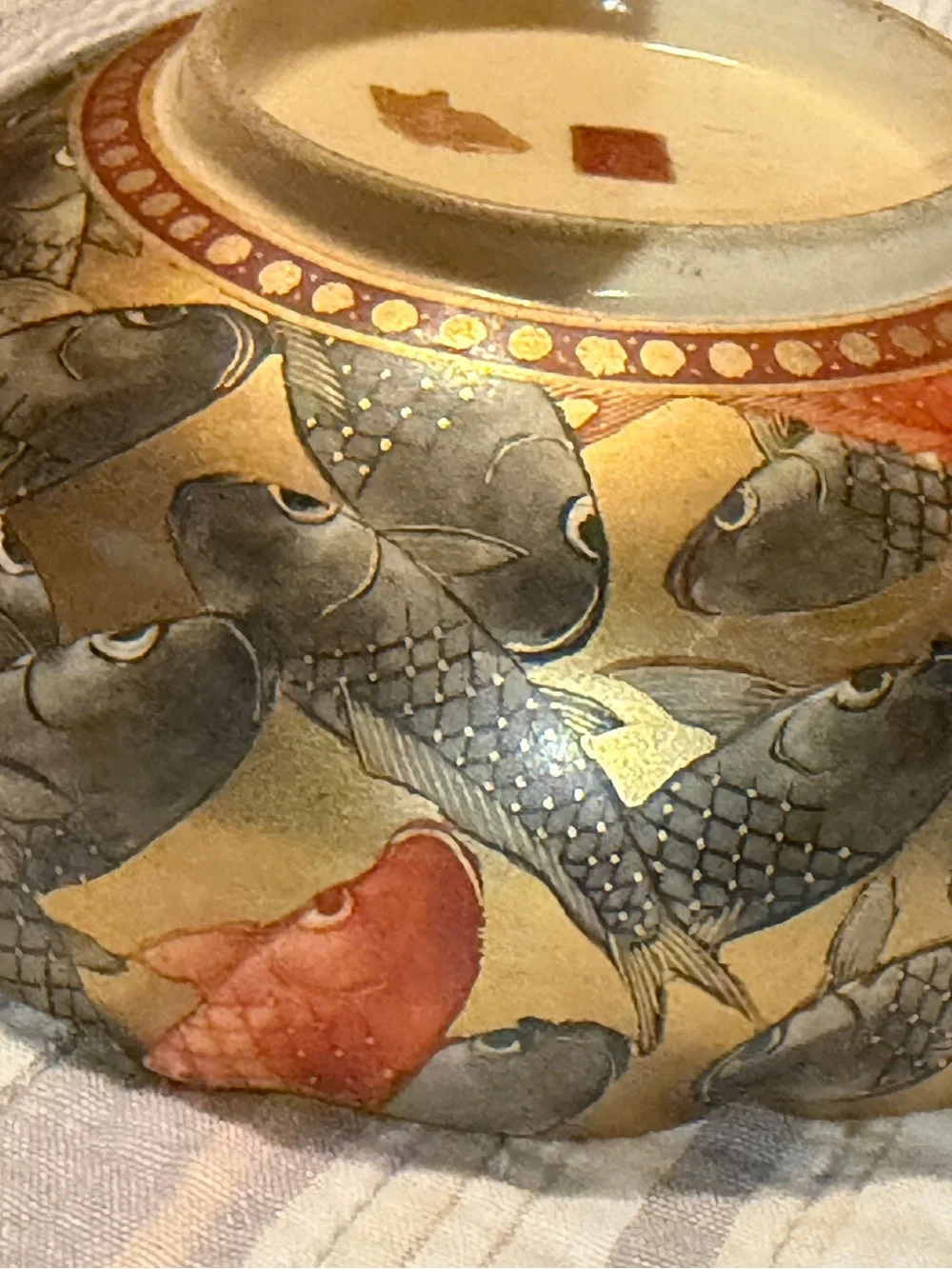 Antique Japanese Satsuma Bowl Gold Embossed Porcelain  Koi Fish